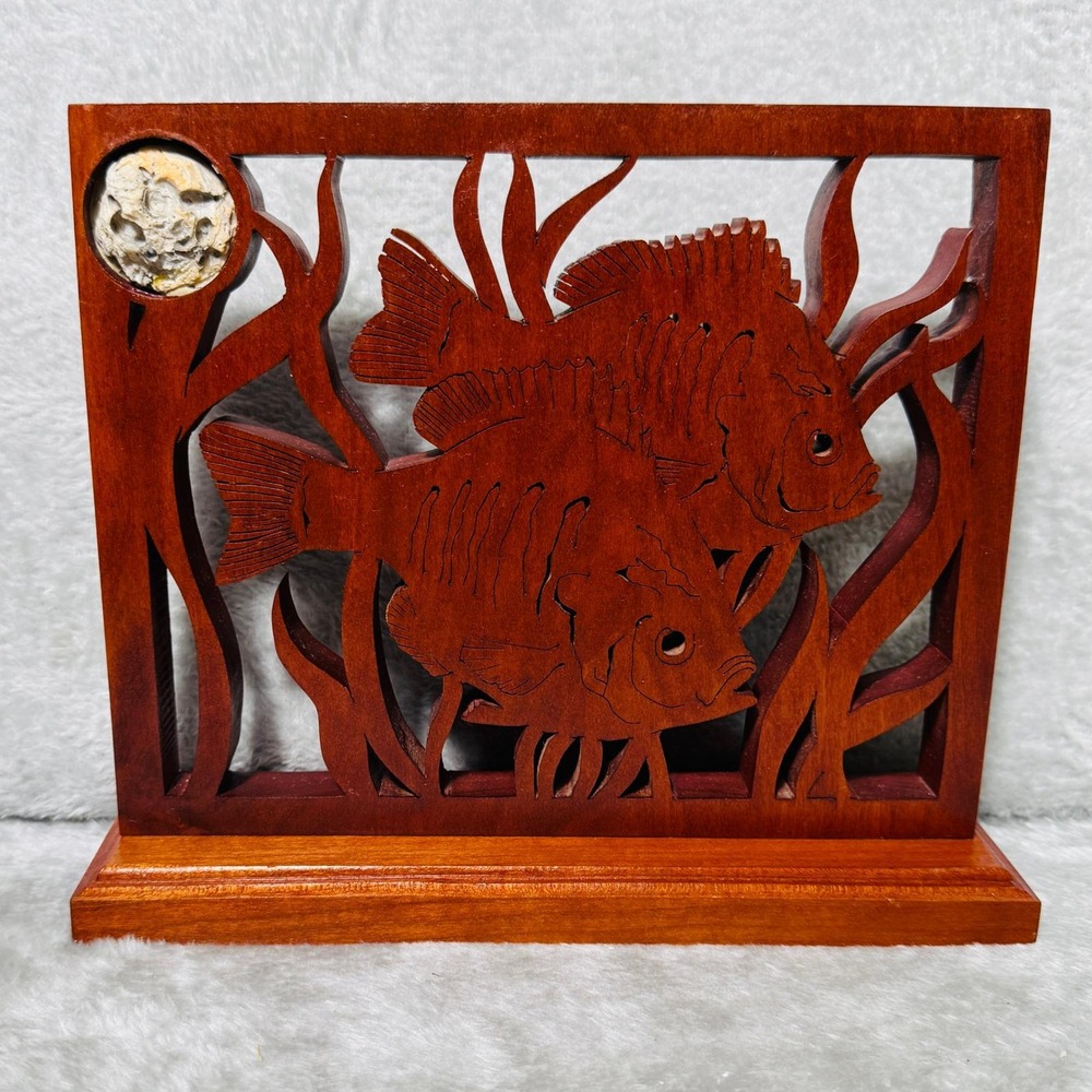 Wooden Carving Two‎ Fish Aquatic Scene Desk Decor Art Sculpture